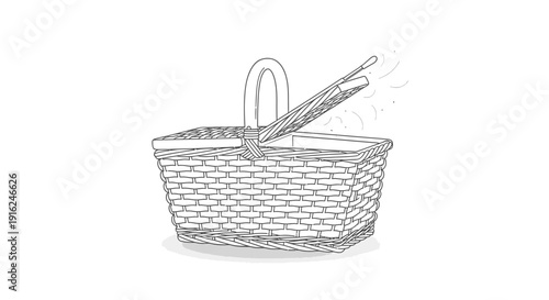 Hand-drawn sketch of an open picnic basket with lid ajar, isolated on white background.