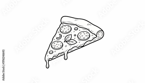 Hand-drawn slice of pepperoni pizza with basil, dripping cheese, isolated on white background