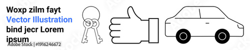 Vehicle ownership, rental services, transportation, key exchange, business agreements, positive feedback. Hand showing thumbs-up near car outline and keys. Transportation and rental services concept
