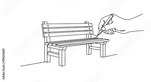 Hand Drawing a Park Bench Sketch with Pencil, Creative Process Illustration