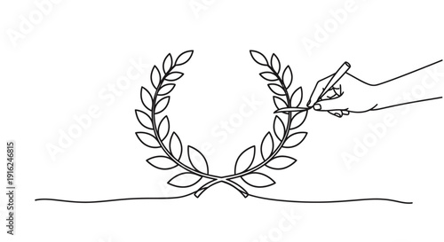 Hand drawing laurel wreath award symbol with pen, concept of achievement, success, and recognition