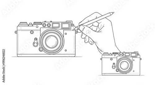 Hand Drawing Vintage Camera Sketch, Retro Photography Concept, Line Art Illustration
