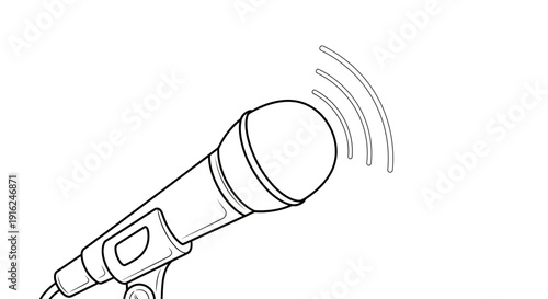 Hand drawn microphone with sound waves, concept of voice, music, podcast, broadcast, recording