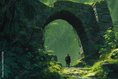 Epic jungle explorer discovers a hidden gateway in a lush tropical rainforest, cinematic illustration