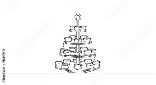 Hand-drawn cupcake stand with many cupcakes, minimalist line art, white background