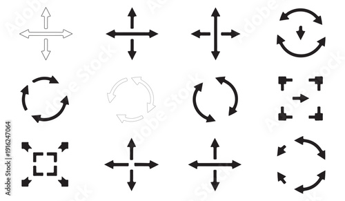 Set of navigation arrows and circular rotation icons for interface design and cursor symbols kit