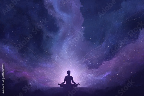 Esoteric meditation illustration: soul aligns with the cosmos in a centered yoga pose against a luminous cosmic backdrop