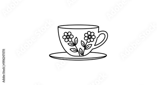 Hand-drawn floral teacup and saucer illustration, simple line art, vintage style