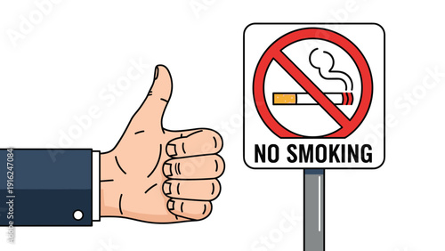 Thumbs up hand gesture next to a no smoking sign represents health awareness, support for smoke-free environments, and clean air initiatives.