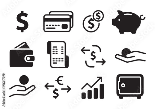 Business finance and money management icons with currency exchange safe vault and financial receipts