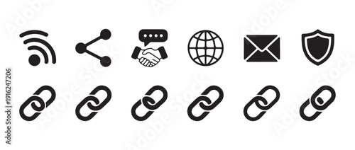 Collection of networking and connectivity icons including wifi share and handshake with link chain