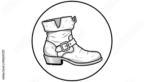 Hand-drawn illustration of a black and white biker boot with buckle and folded cuff, isolated on white background.