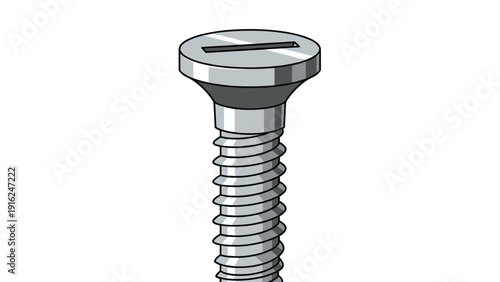 Large metal screw with a flat head and threaded body stands vertically as a symbol for construction, hardware tools, and industrial assembly tasks.