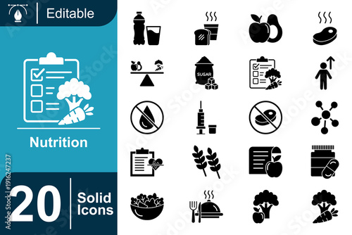 Nutrition Icons Set Healthy Diet, Food, Vitamins, Exercise, and Wellness Symbols