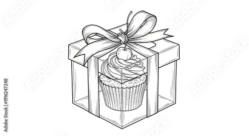 Hand-drawn illustration of a cupcake in a gift box with a bow