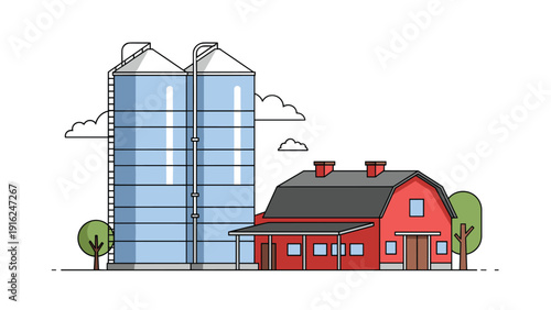Traditional farm landscape features a red barn and two tall grain silos under white clouds to showcase agricultural storage and rural life scenes.