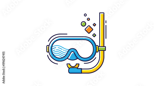 Snorkeling mask and snorkel tube icon with colorful bubbles and geometric shapes represents summer vacation, beach travel, and ocean activities.