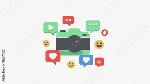 Digital Camera Surrounded by Social Media Icons and Emojis.