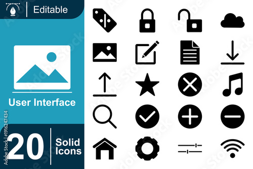 20 Editable User Interface Solid Icons Featuring Photos, Tags, Lock, Edit, Document, Download, Upload, Star, Cancel, Music, Search, Check, Plus, Minus, House, Gear, Settings, Wifi