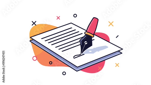 Fountain pen signing a legal document or contract on a stack of papers represents business agreements, law, and formal correspondence tasks.