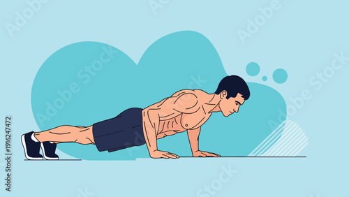 Man performing push ups exercise shows strength training, fitness workout routine, and physical health goals in a modern flat illustration style.