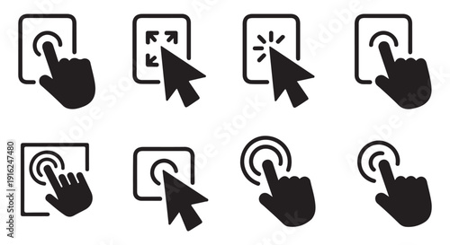 Interactive touch screen and mouse cursor icons combined with tablet display frames for user interface