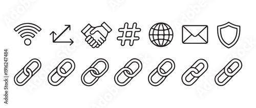 Linear connection icons featuring wireless internet handshake hashtag and diverse linked chain types