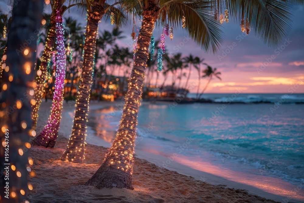 Fototapeta premium Festive palm trees on a tropical beach with Christmas lights at golden hour