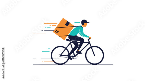 Delivery man riding a bicycle with a large package on his back demonstrates fast urban shipping, eco-friendly transport, and courier services.
