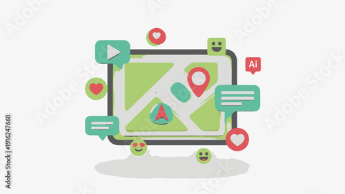 Digital Map Navigation with Social Media Icons and Emojis.