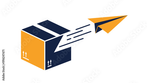 Cardboard box with a paper airplane flying out represents rapid worldwide delivery, global shipping logistics, and modern commerce connectivity.