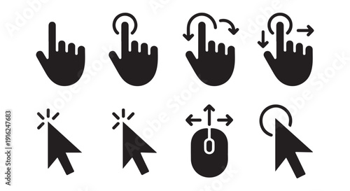 Collection of black hand click and mouse cursor icons for web and mobile interfaces
