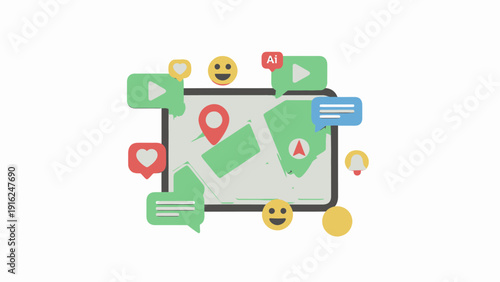 Digital Map Navigation with Social Media Icons and Location Pins.