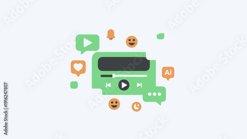 Digital media player interface with social media icons and emojis.