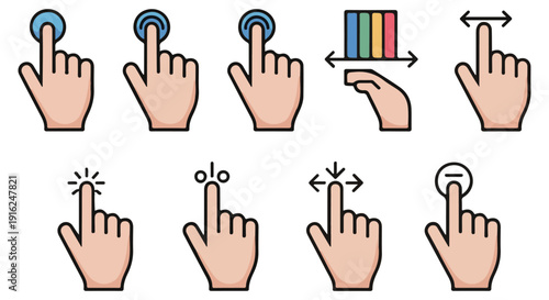 Collection of hand gestures icons showing touch tap swipe zoom and drag actions for digital interfaces