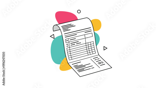 Official invoice or bill document set against a background of colorful abstract shapes symbolizes financial transactions and business accounting.