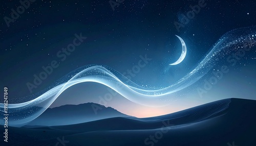 A serene desert landscape during Ramadhan with a crescent moon shining brightly in the night sky, surrounded by stars and wavy dunes