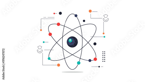 Stylized atomic model with crossing orbits and colored particles represents physics, chemistry, nuclear energy, and scientific research breakthroughs.