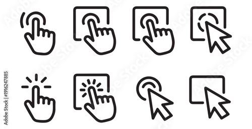 Set of black and white hand cursors interacting with square buttons performing clicks taps and touches