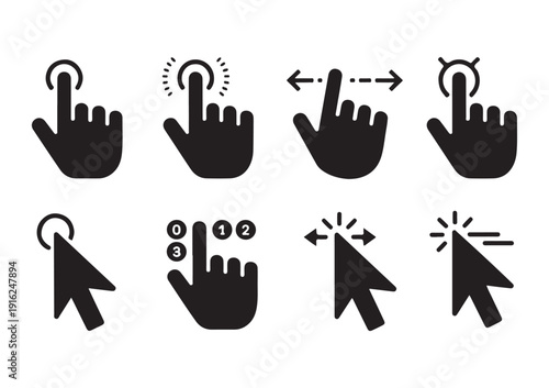 Digital device interaction set of hand and mouse pointer icons for web and application use
