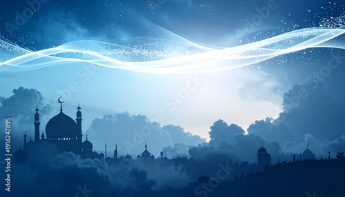 Celebrating Ramadhan Night with Mosque Silhouette against Dramatic Cloudy Sky and Starry Background Illustration