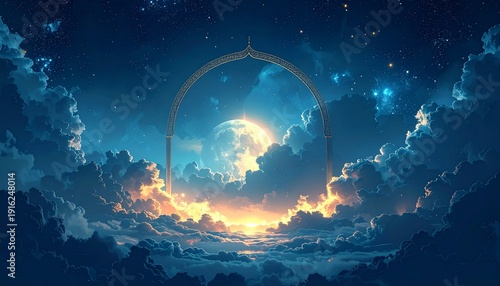 Celebrating Ramadhan under a majestic archway with moonlit clouds and serene night sky illustration