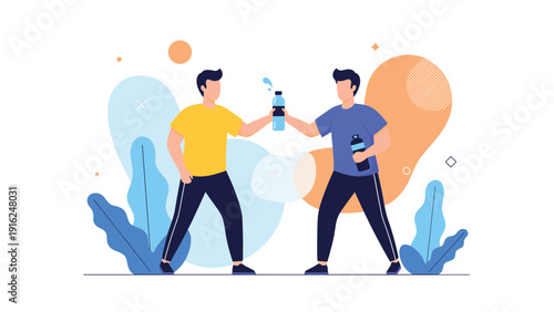 Two men sharing a toast with water bottles after a sports activity represents hydration, healthy habits, and friendly social interaction in fitness.