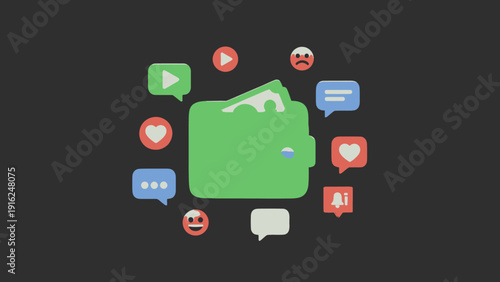 Digital Wallet with Social Media Icons and Money.