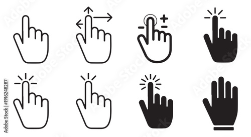 Set of 8 hand icons in black and white demonstrating touch gestures and screen interactions on white