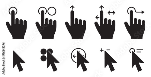 Set of 10 vector icons including hand cursors and mouse cursors demonstrating touch and click actions