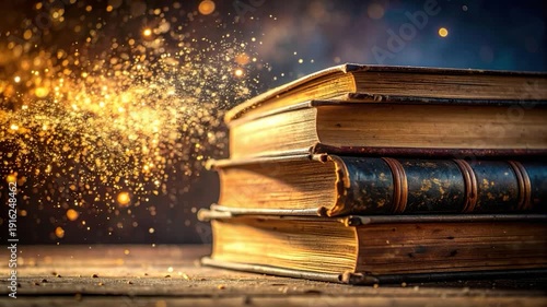 Stacked, aged books with golden sparkles and a rustic wooden surface