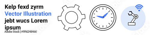 Gear icon, clock with blue hands, and robotic arm emitting wireless signal. Ideal for productivity, automation, robotics, time management, innovation, wireless technology simple landing page