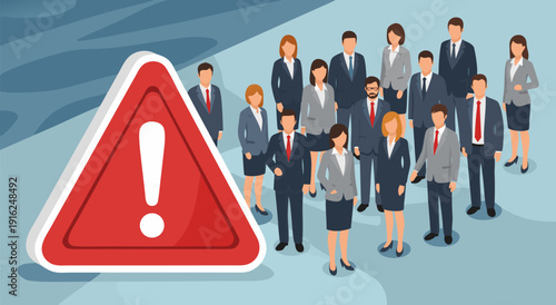 Business people gathering around a warning sign in this illustration, vector art, warning, attention