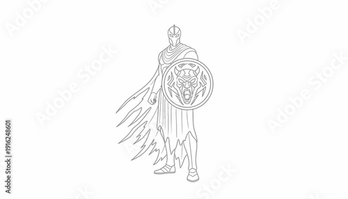 Warrior with wolf shield and tattered cape, outline illustration, fantasy character